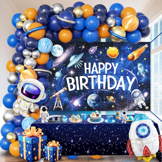 Lazy Time outer space backdrop with happy birthday text for a bold party focal point