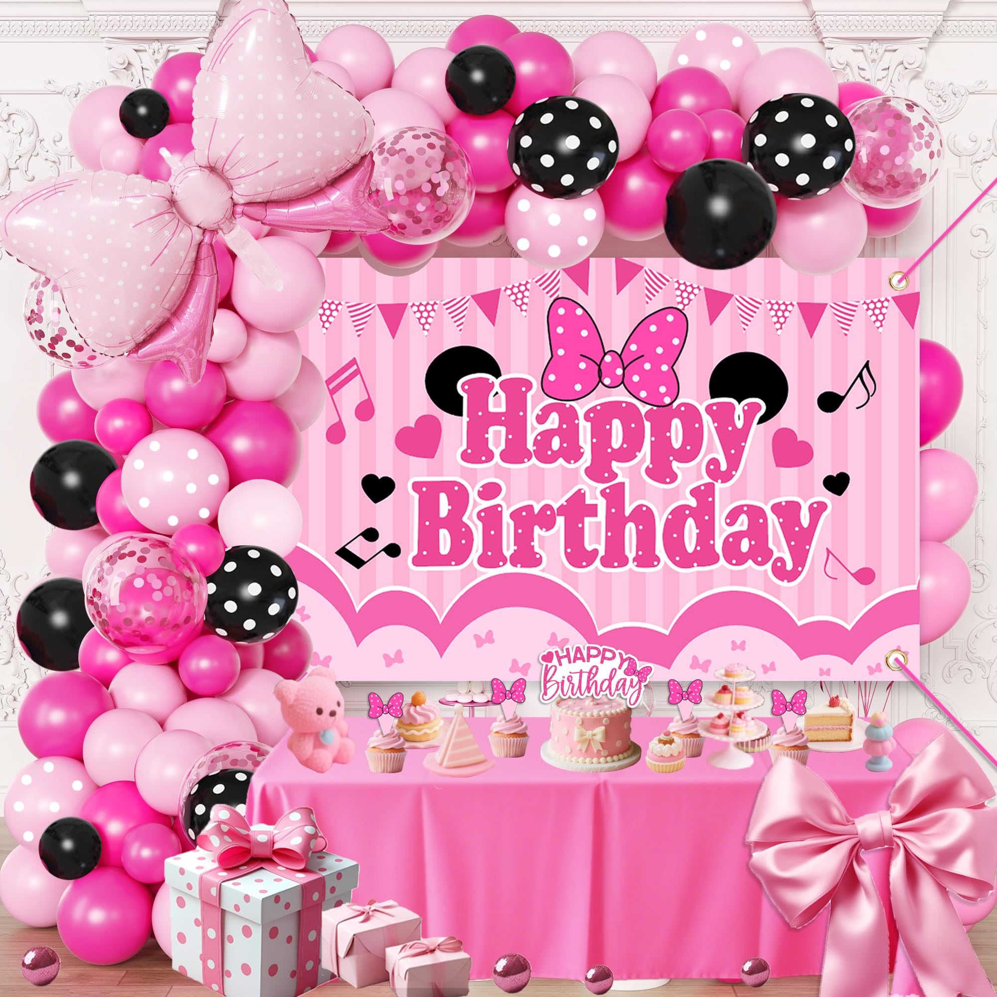 Lazy Time pink-black balloon arch kit enhances party decor with a cohesive look
