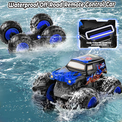 LAZZAROU 1:14 amphibious RC truck crossing shallow water with ease.