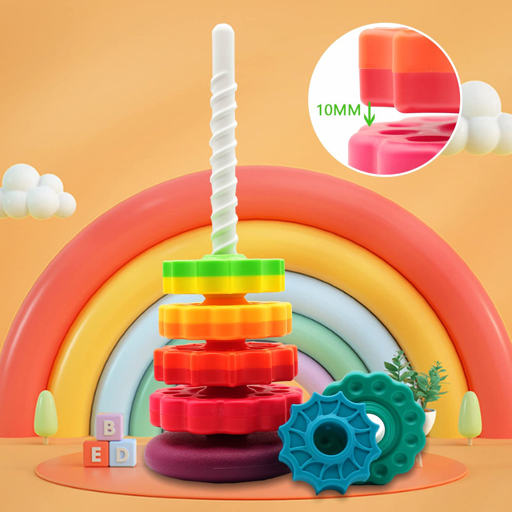 LBAIBB colorful rainbow colors aid visual discrimination during interactive stacking.