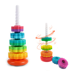 LBAIBB Rainbow Spin Tower side view showing colorful discs for stacking play