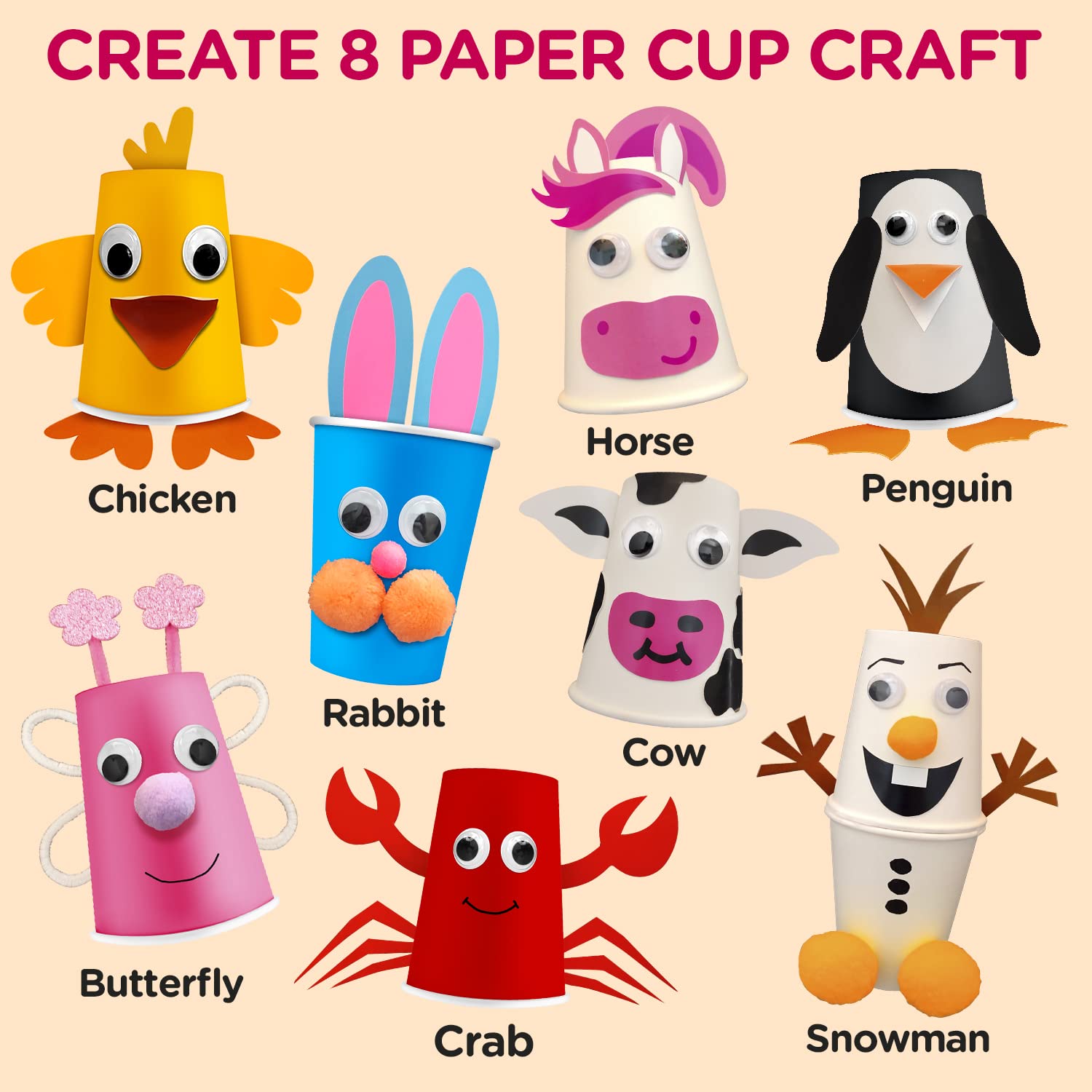 LC Crafts paper cup craft kit rabbit: encourages pretend play and hand-eye coordination.