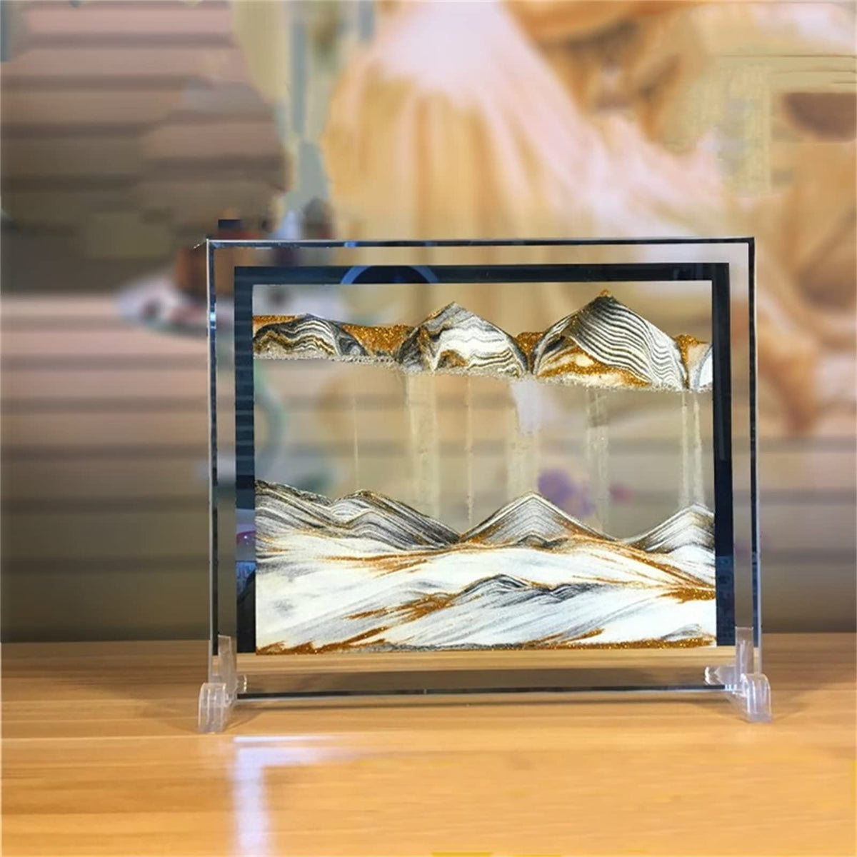 LCDOCLAK Moving Sand Art Picture reveals tranquil sea-scape, ideal for calming desk decor.