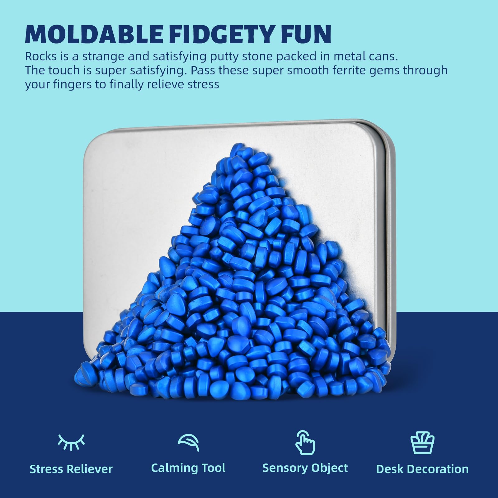 LCVUUK Blue ferrite pebbles putty shown as a portable desk toy for quick focus.