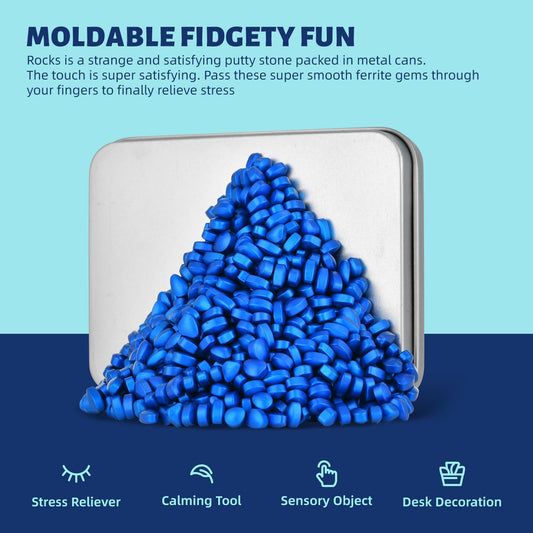 LCVUUK Blue ferrite pebbles putty shown as a portable desk toy for quick focus.