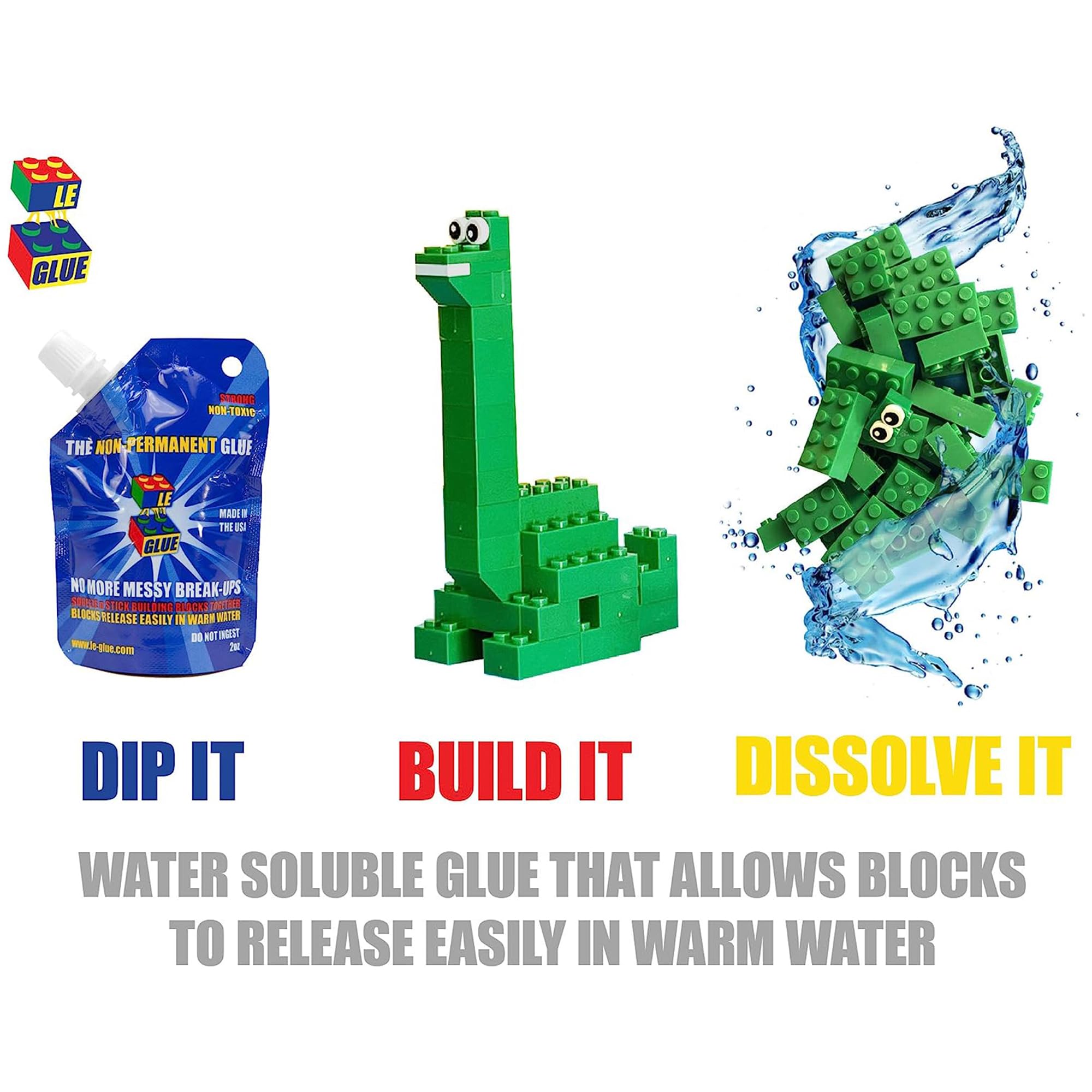 Lego bricks bonded with Le Glue for a strong, reversible hold.