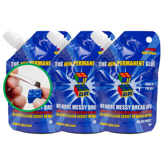 Le Glue temporary glue 3-pack shown on lego-compatible blocks for strong yet removable bonds.