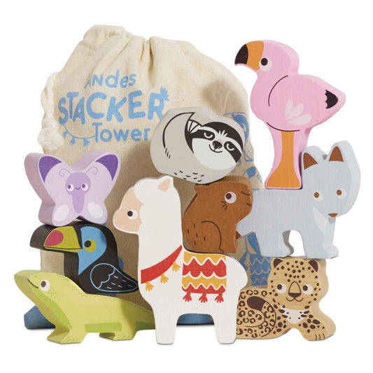 Le Toy Van Andes stacking bag with colorful wooden animals for hands-on coordination.