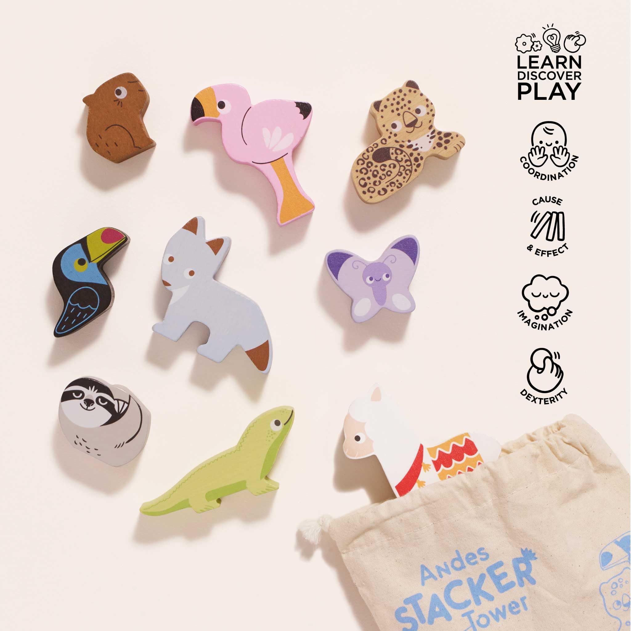 Le Toy Van forest stacker bag traveling fun with nine wooden animals.
