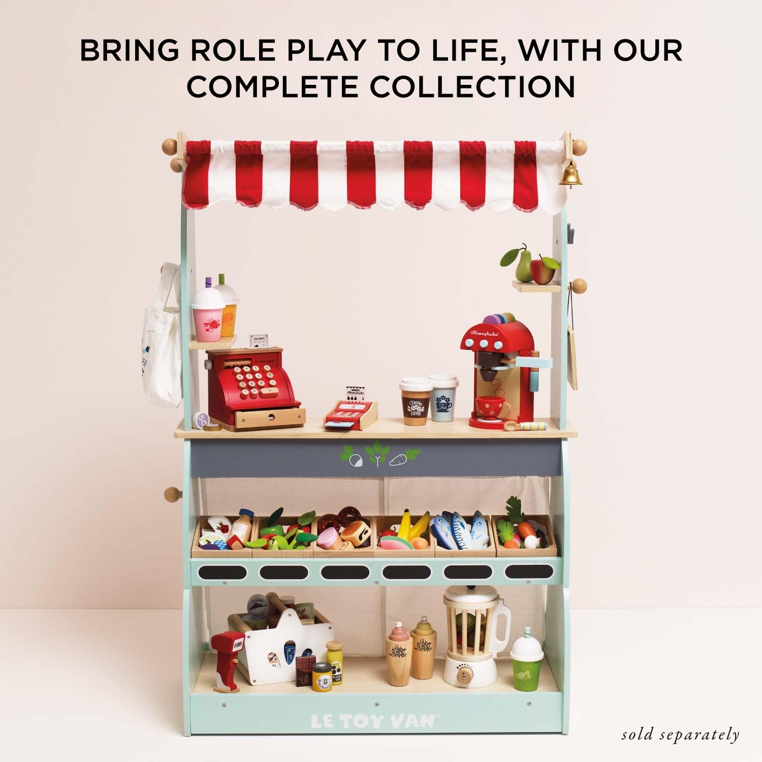 Le Toy Van Honeybee Market wooden food crates highlight durable, eco-friendly play