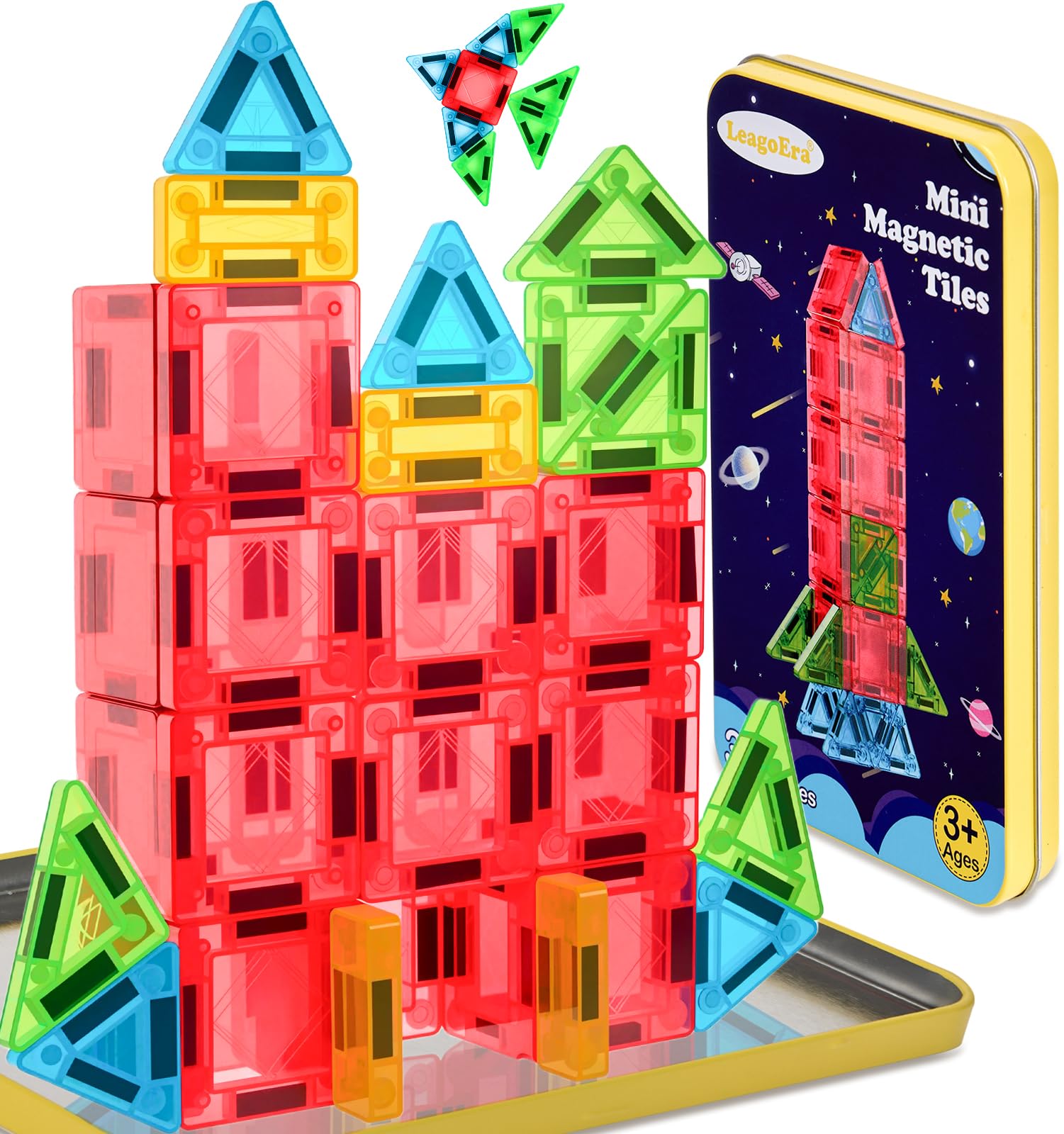 LeagoEra magnetic tiles travel set in a portable tin for on-the-go building.