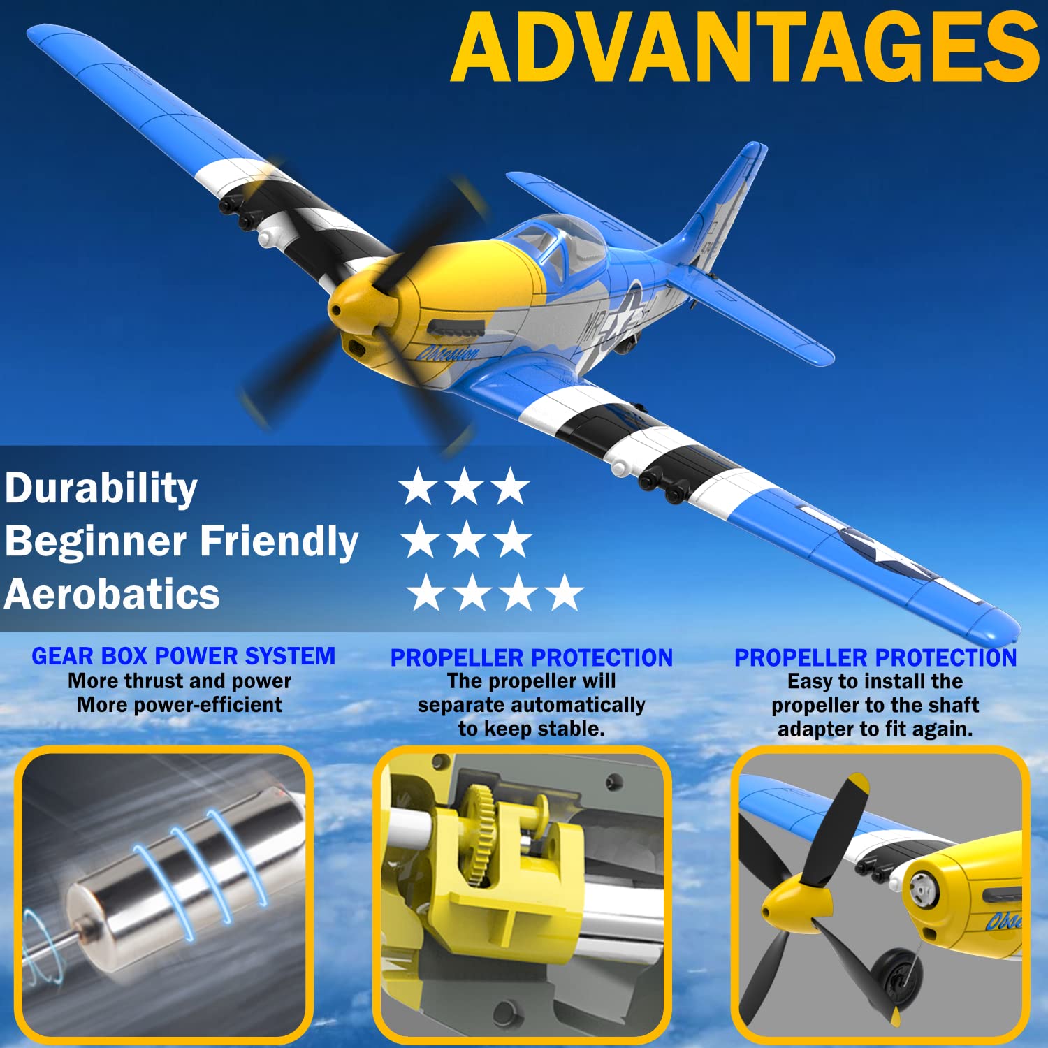 LEAMBE RC Plane blue one-touch takeoff for easy launches.