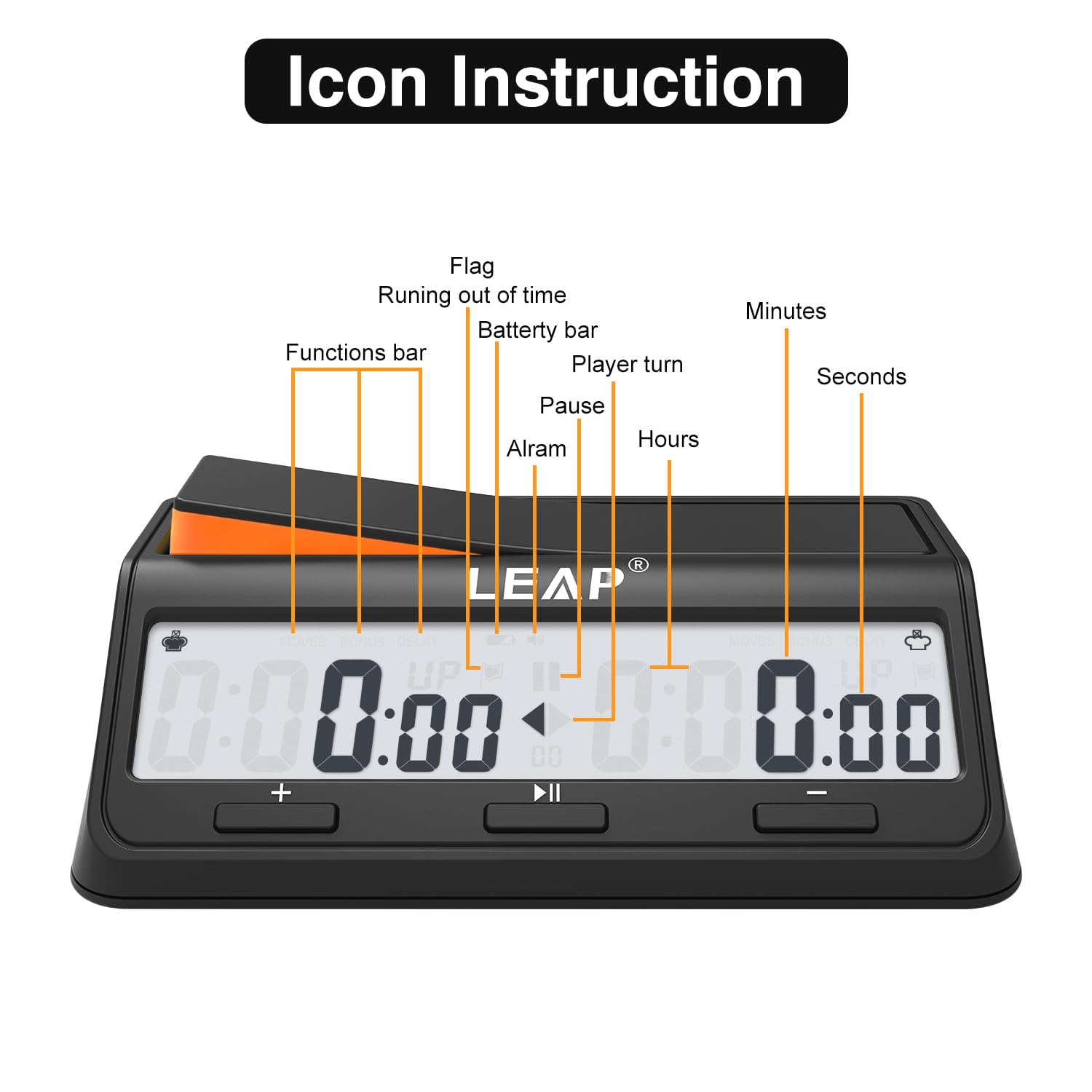 LEAP Chess Clock digital display for easy readability during fast-paced matches.