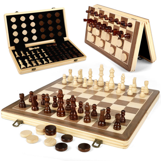 LEAP magnetic wooden chess board laid flat showing two-tone finish and size