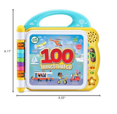 Vivid illustrations on LeapFrog 100 Things That Go depict road, sea, air, and neighborhood scenes