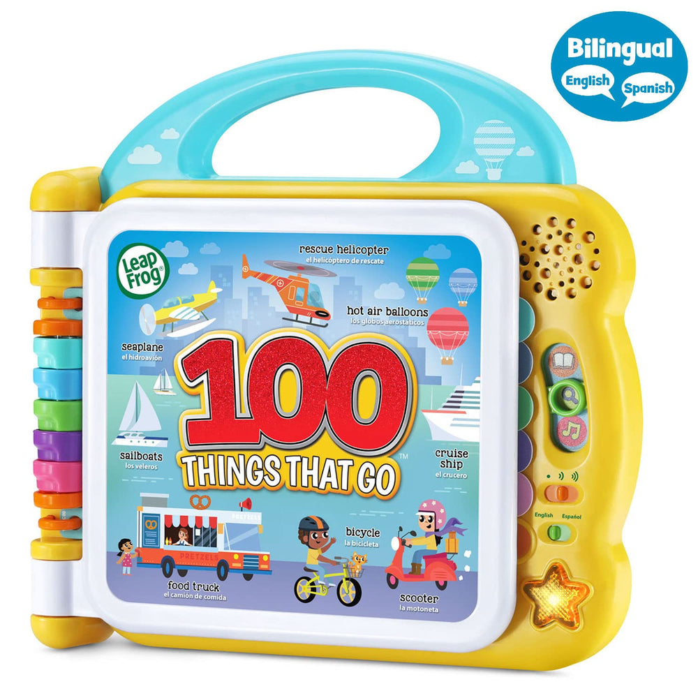 Inside pages of LeapFrog 100 Things That Go show six double-sided panels with bilingual vocabulary for English and Spanish