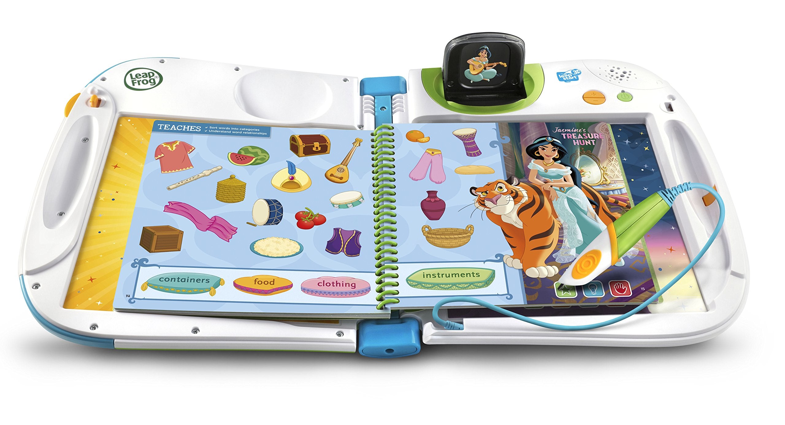 LeapFrog LeapStart 3D Jasmine page uses position words on a magic carpet.