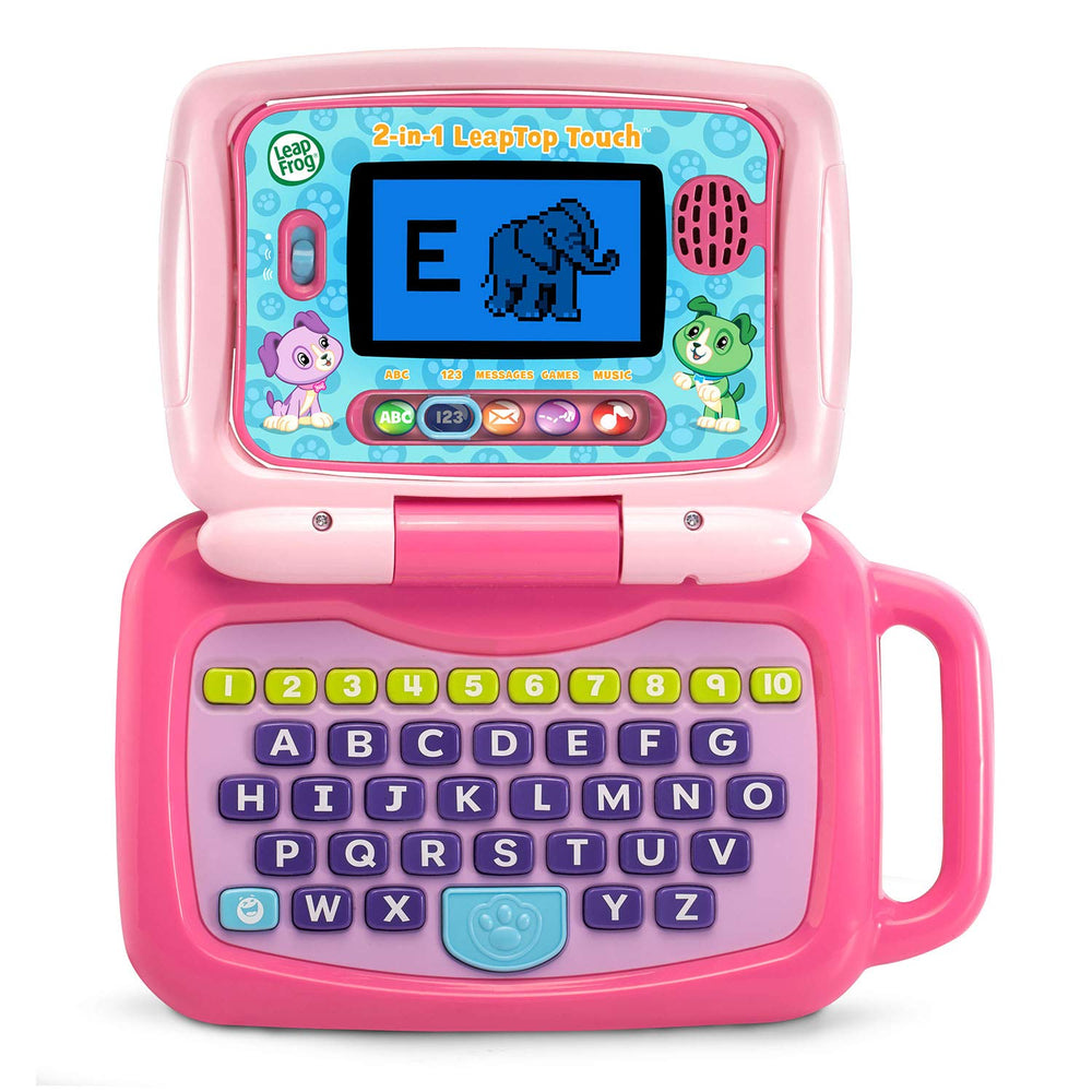 LeapFrog LeapTop Touch pink 2-in-1 laptop promotes interactive learning on the go.