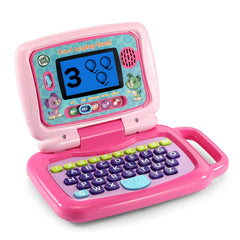 LeapFrog LeapTop Touch pink keyboard mode highlights ABCs and letters.