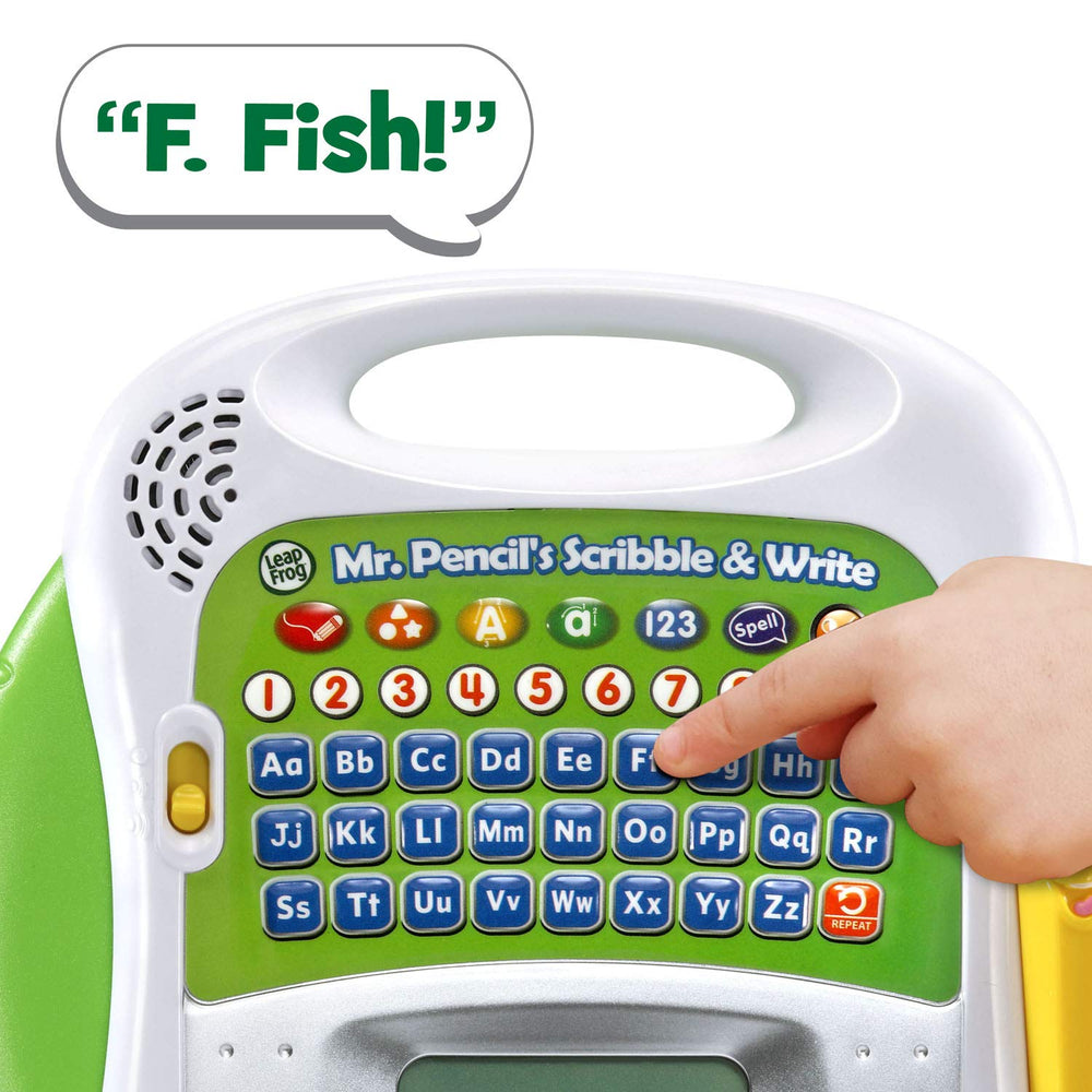 LeapFrog Mr Pencil's Scribble and Write letter-practice mode supports letter and shape learning.