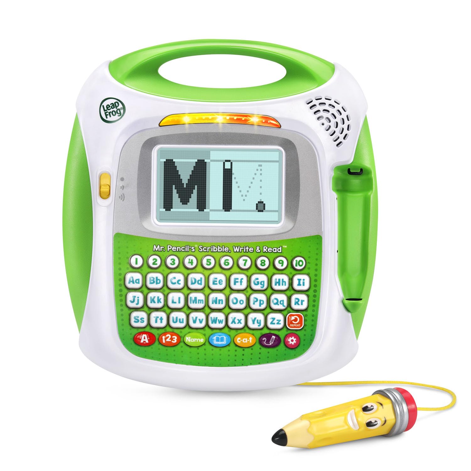 LeapFrog Mr Pencil stylus tracing dotted lines emphasizes letter practice.