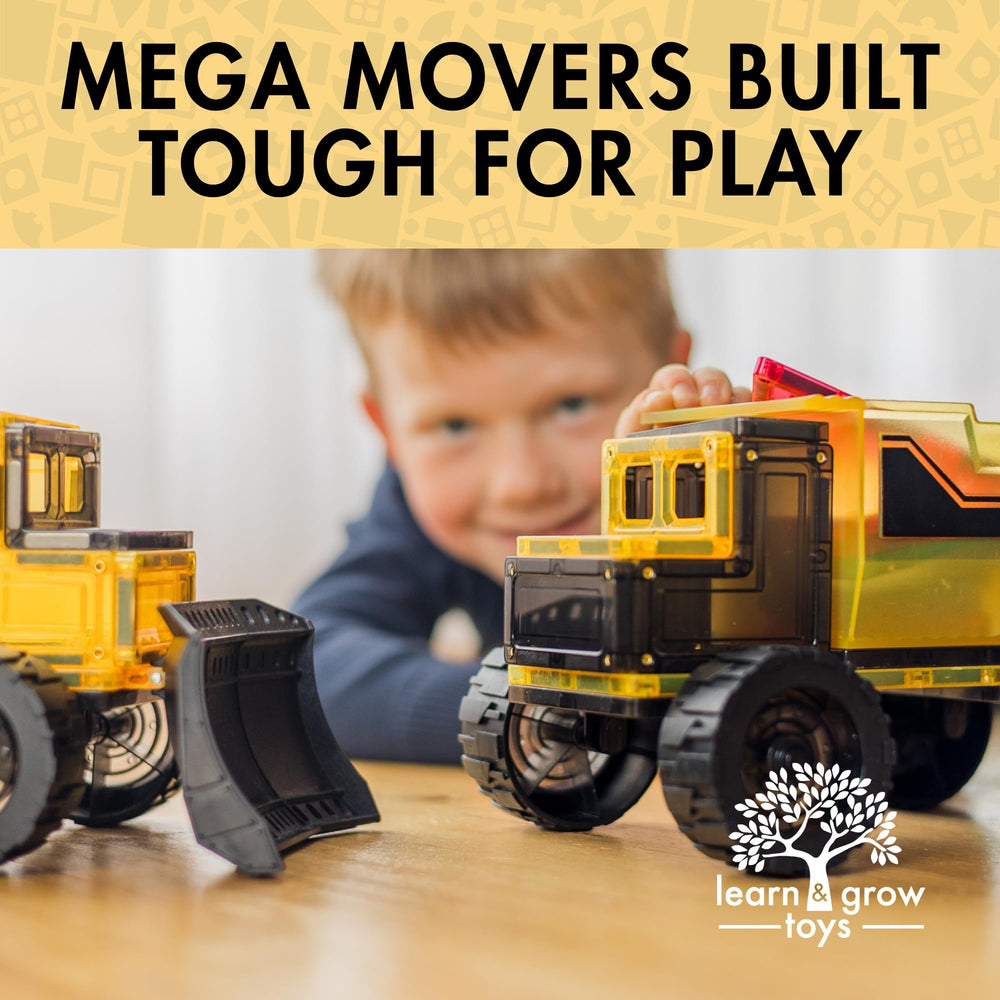 Learn & Grow Mega Movers bulldozer image highlighting rugged design and rolling wheels