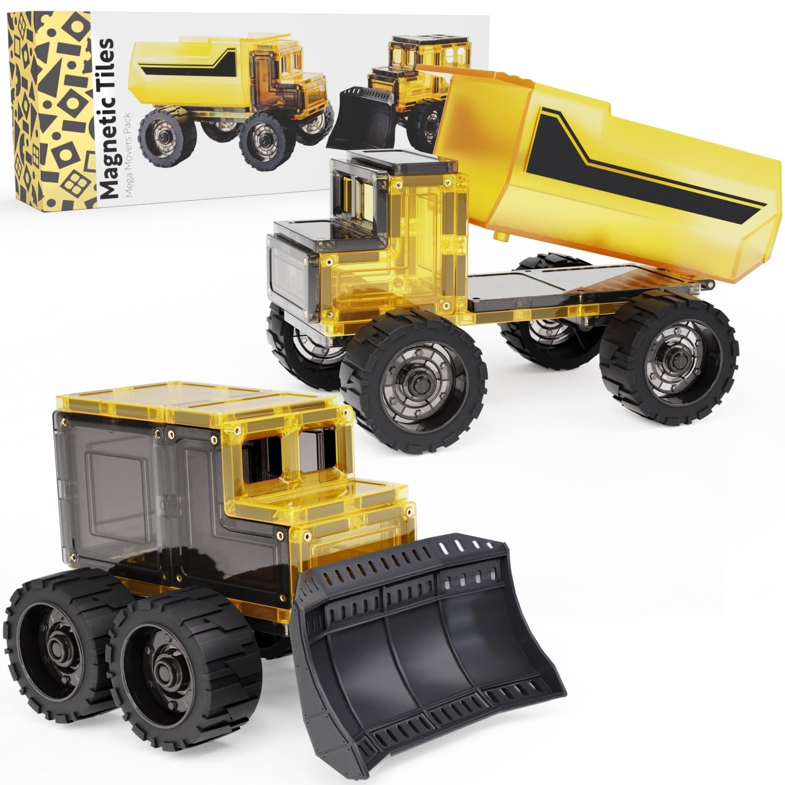 Learn & Grow Mega Movers dump-truck image showing jumbo magnets for secure builds and real-world play