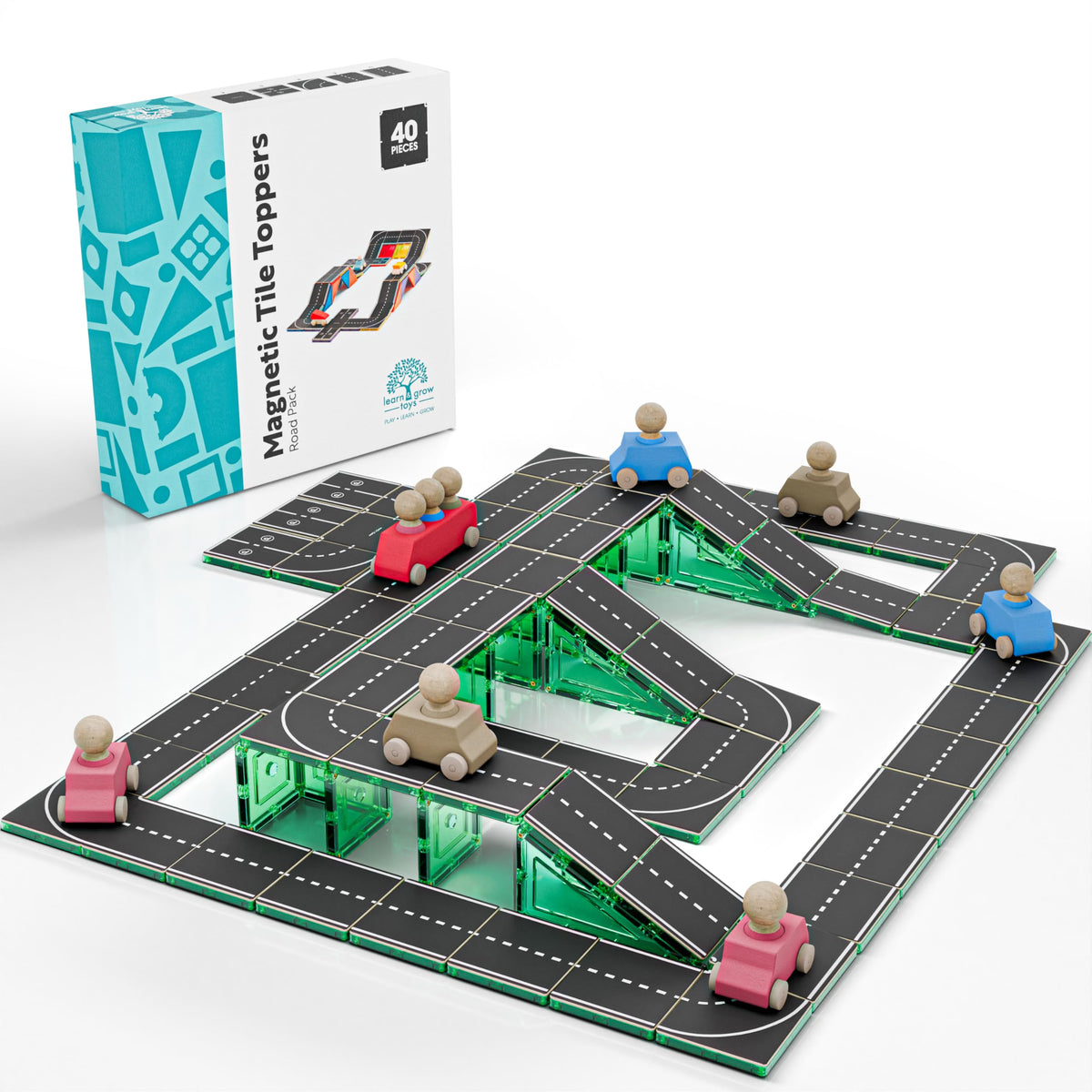 Learn & Grow road toppers straight road pieces support expanding car routes on magnetic tiles.