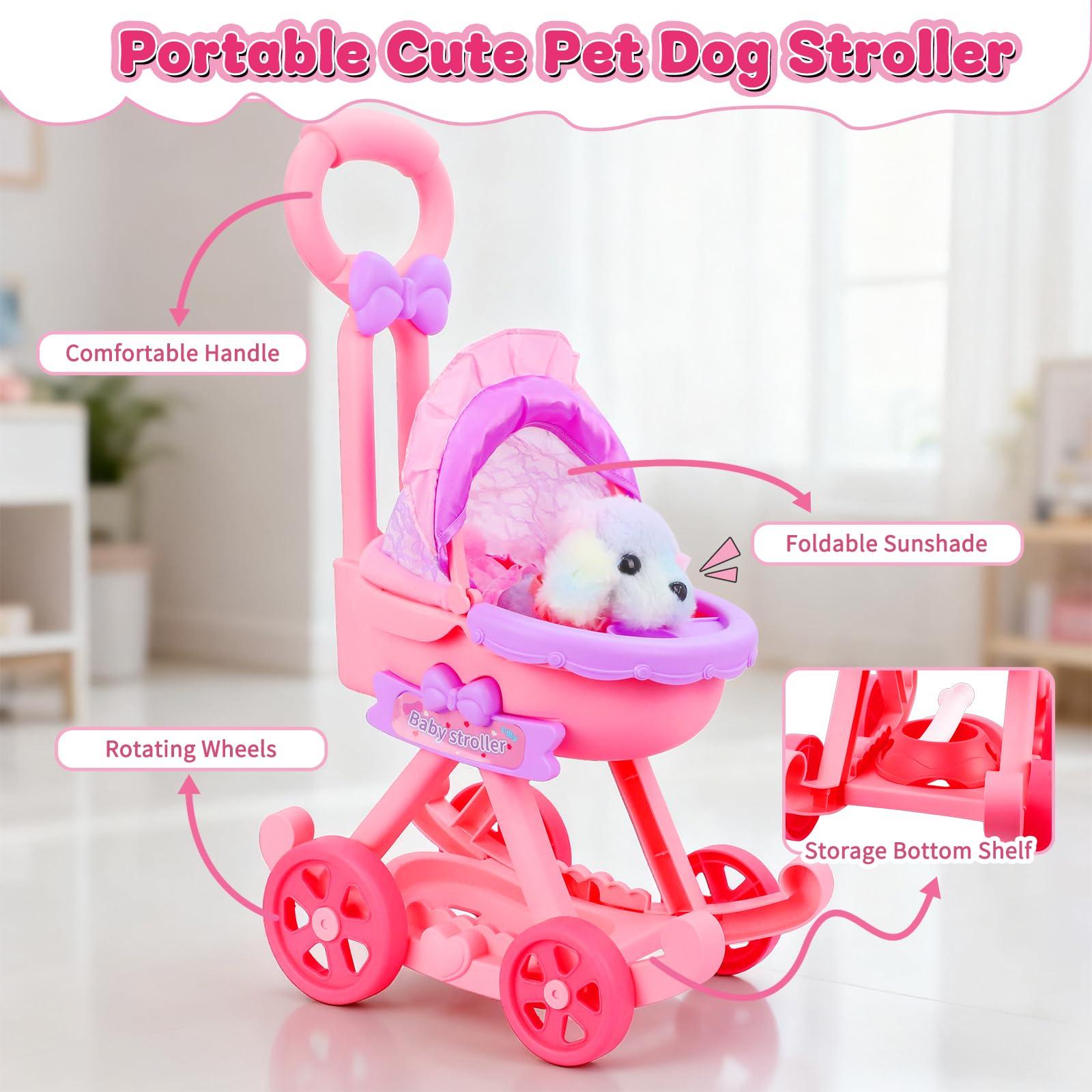 Learn2M baby pushcart with care kit for organized play.
