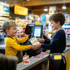 Learn2M fake money and cards support imaginative commerce and math play