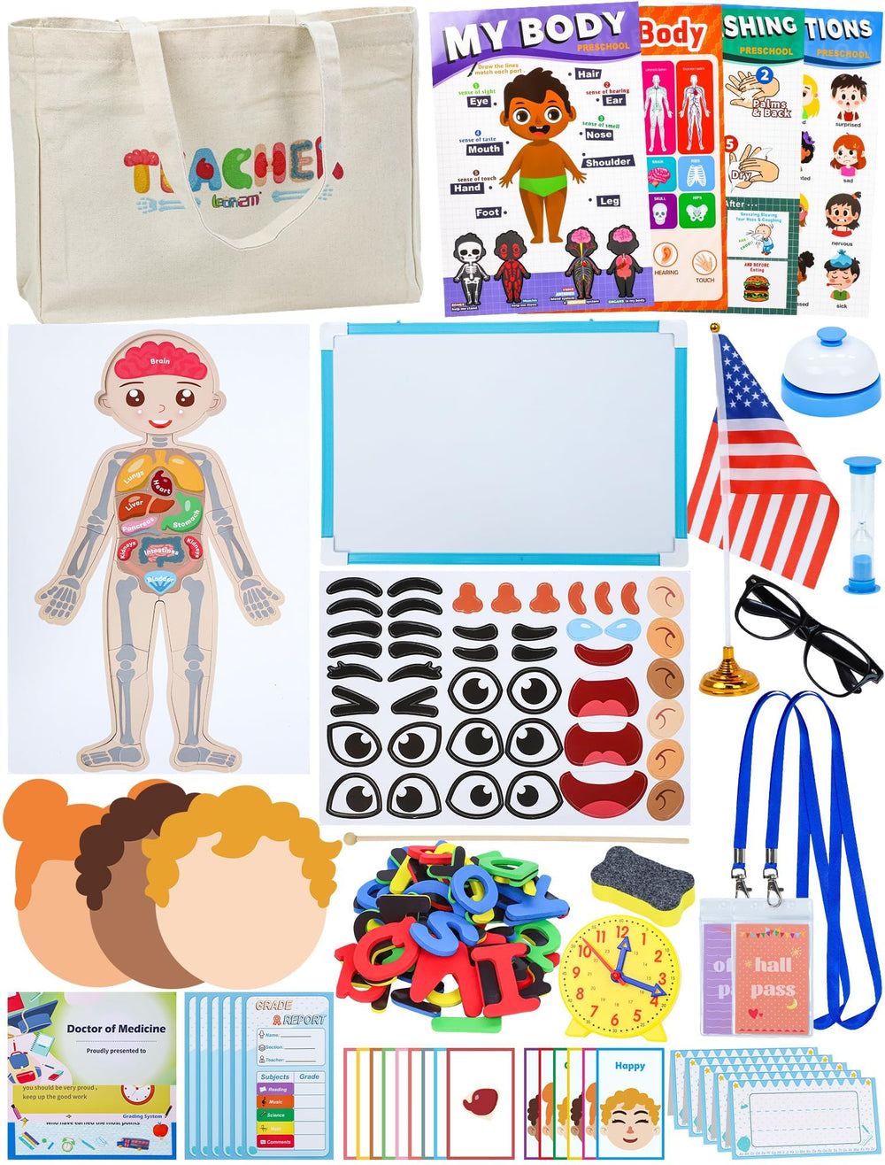 Learn2M pretend teacher bag and whiteboard for imaginative learning and organization.