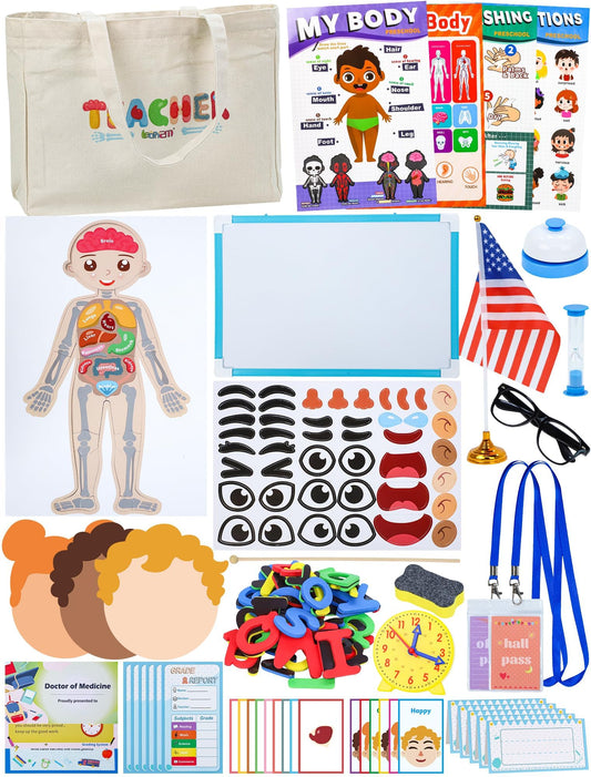 Learn2M pretend teacher bag and whiteboard for imaginative learning and organization.