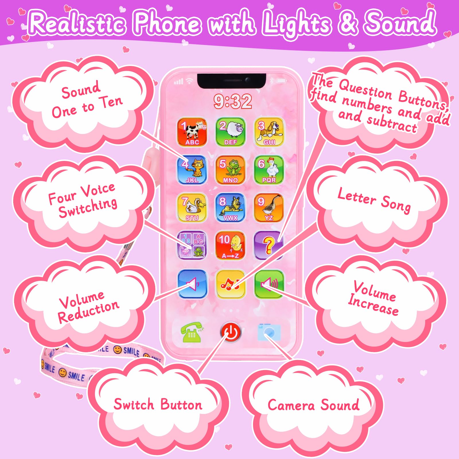 Learn2M purple play purse toy phone with interactive buttons.