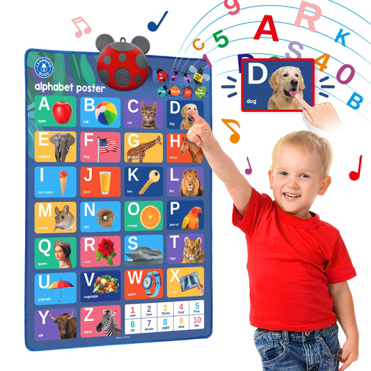 Learning Bugs ABC 123s talking poster showing letters and numbers for interactive learning.