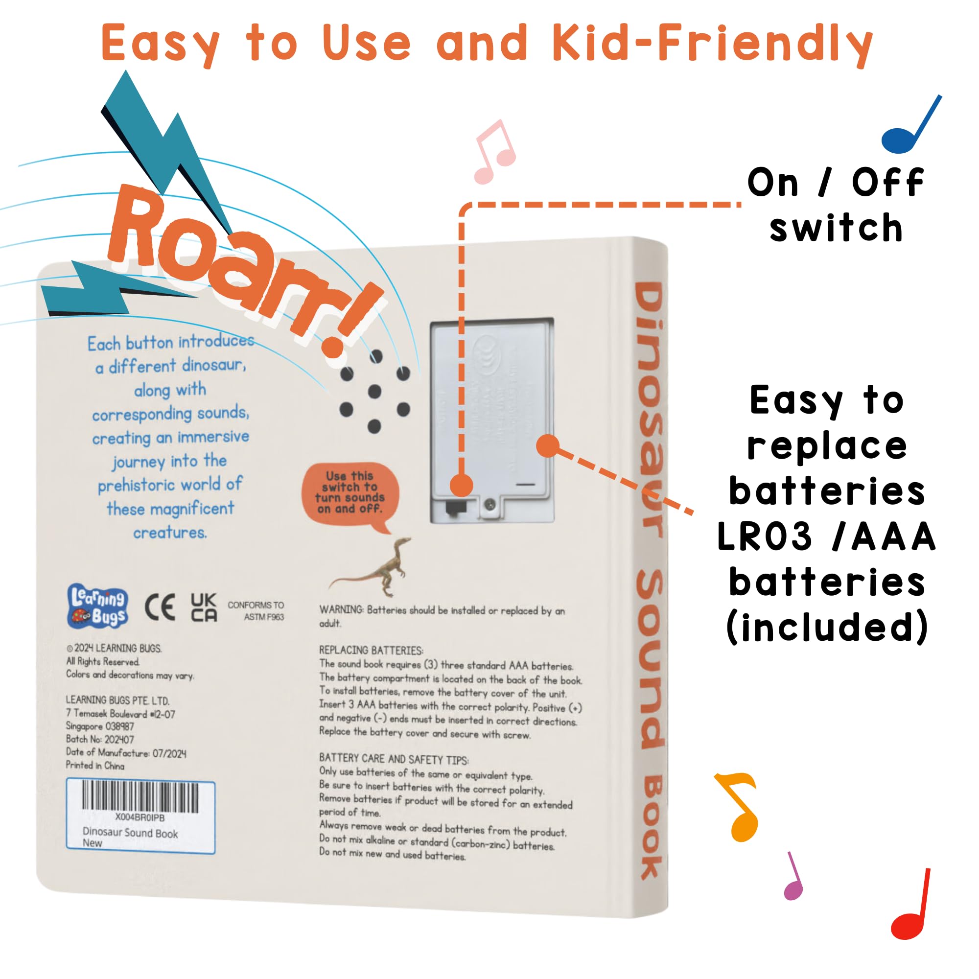Learning Bugs Dinosaur Sound Book battery compartment includes batteries for immediate play.