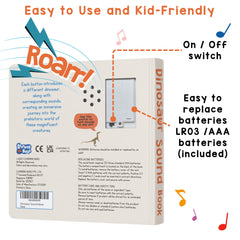 Learning Bugs Dinosaur Sound Book battery compartment includes batteries for immediate play.