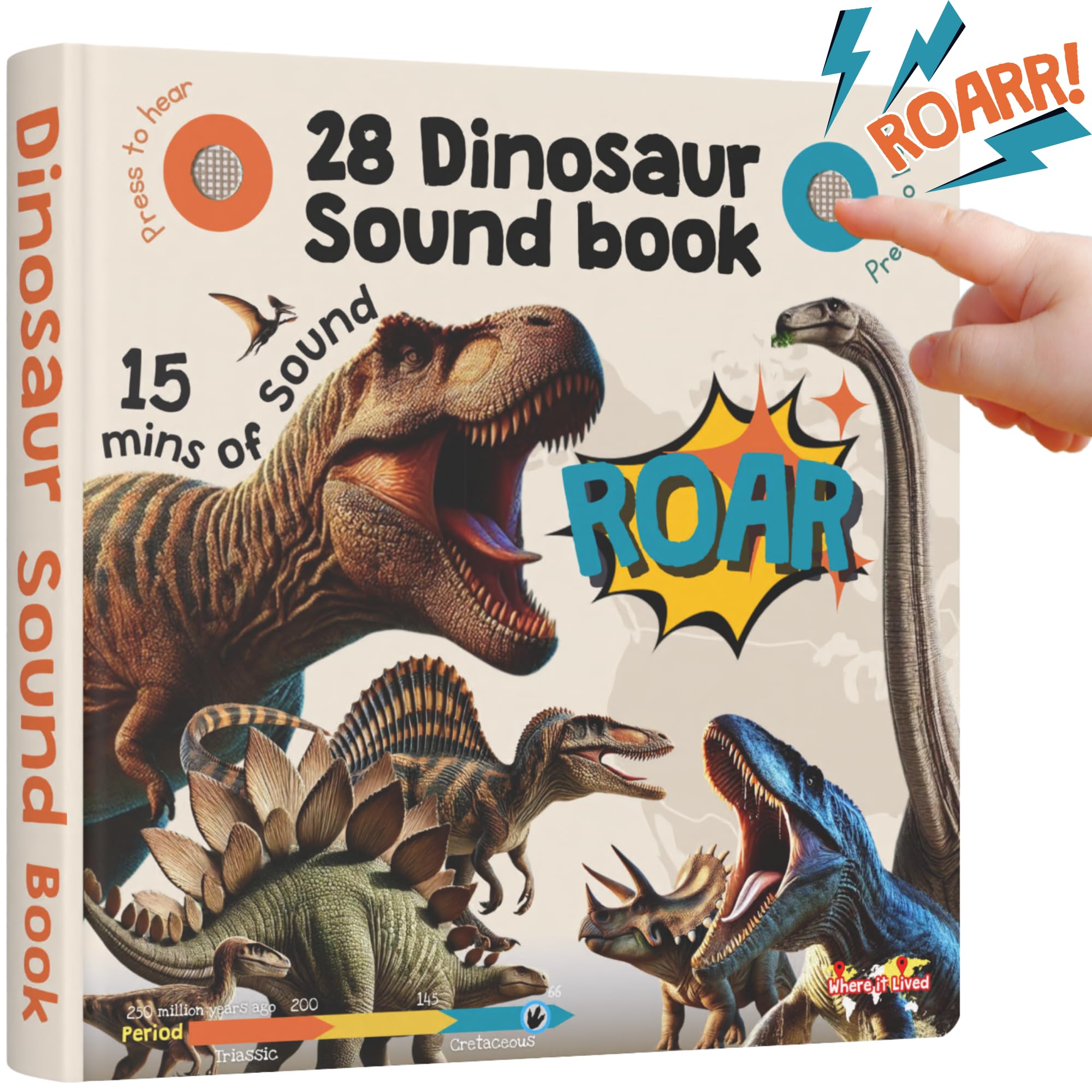 Learning Bugs Dinosaur Sound Book cover invites curious kids to start a prehistoric reading journey.