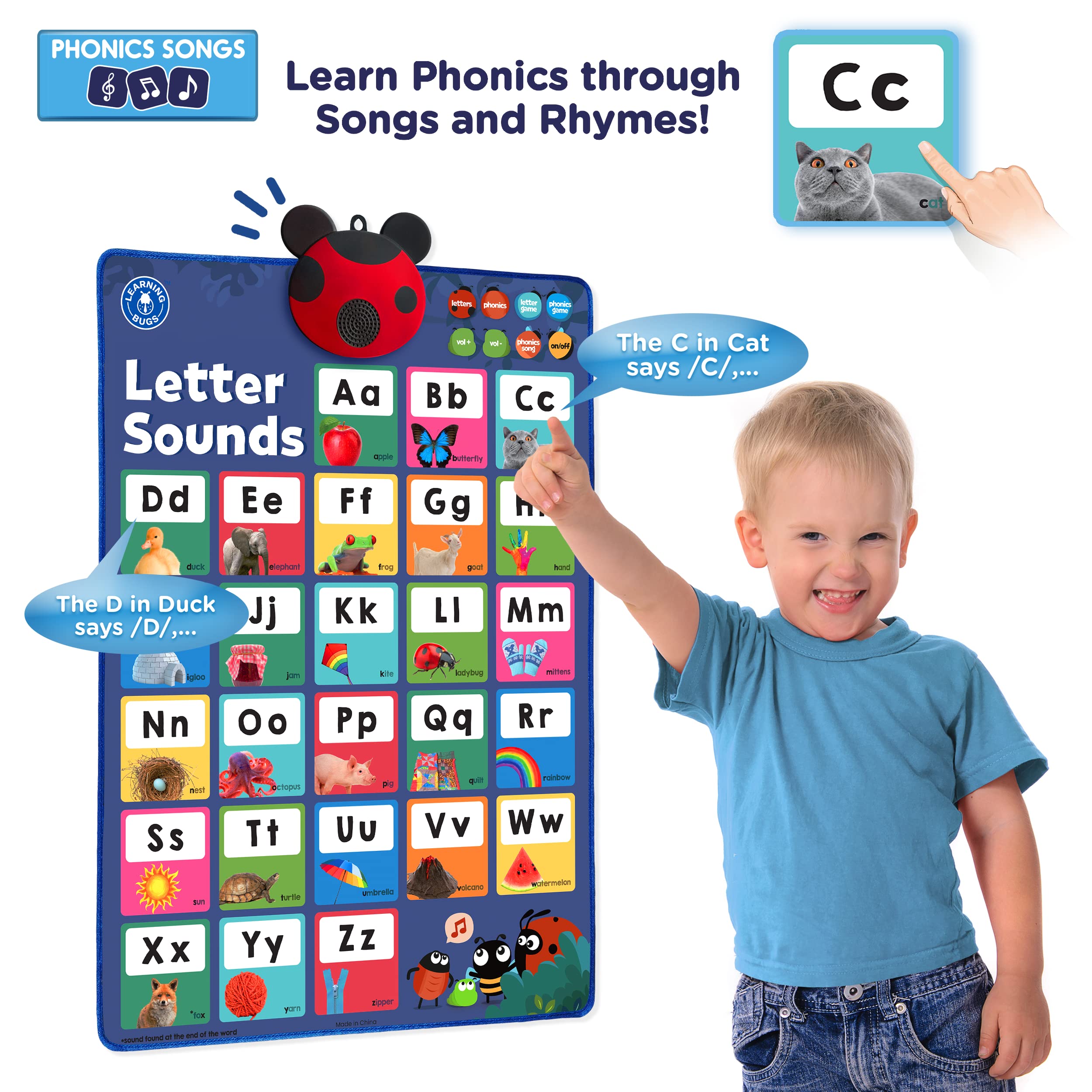 LEARNING BUGS Kids Songs mode uses lively melodies to aid listening and memory cues