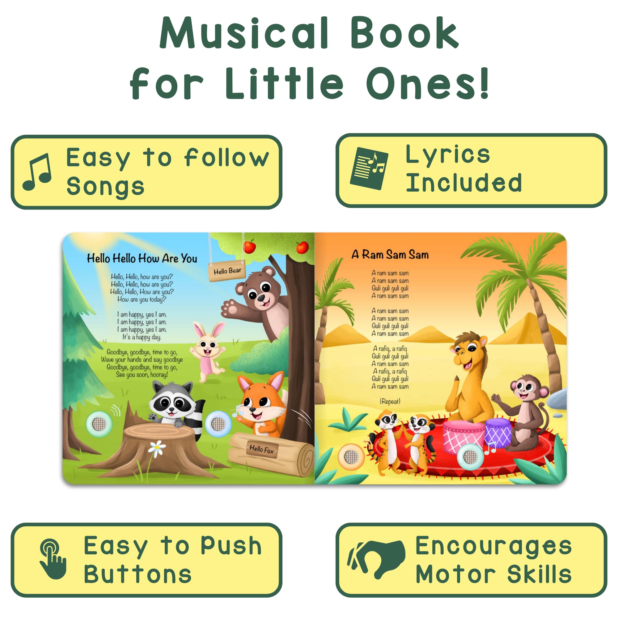 Printed lyrics on each page guide kids through the song.