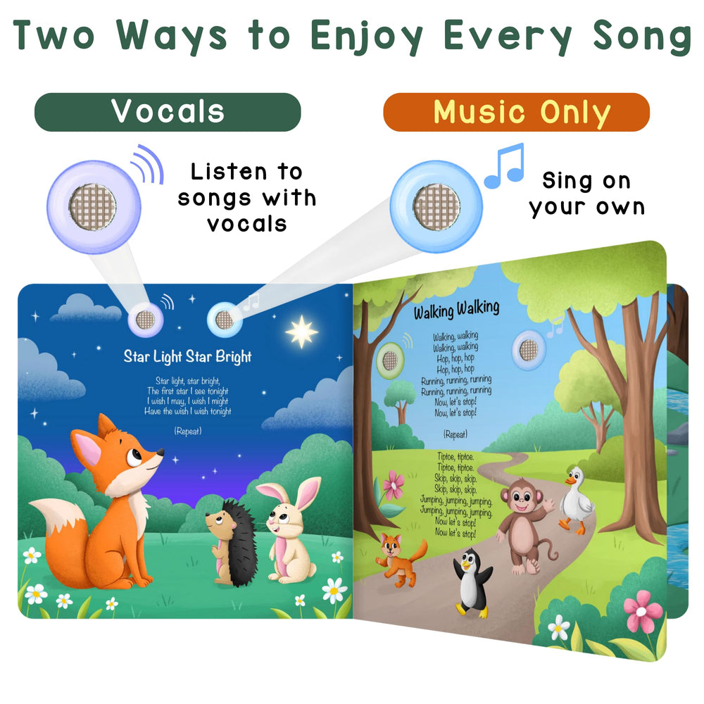 Toddler presses a button to hear a rhyme from Learning Bugs.