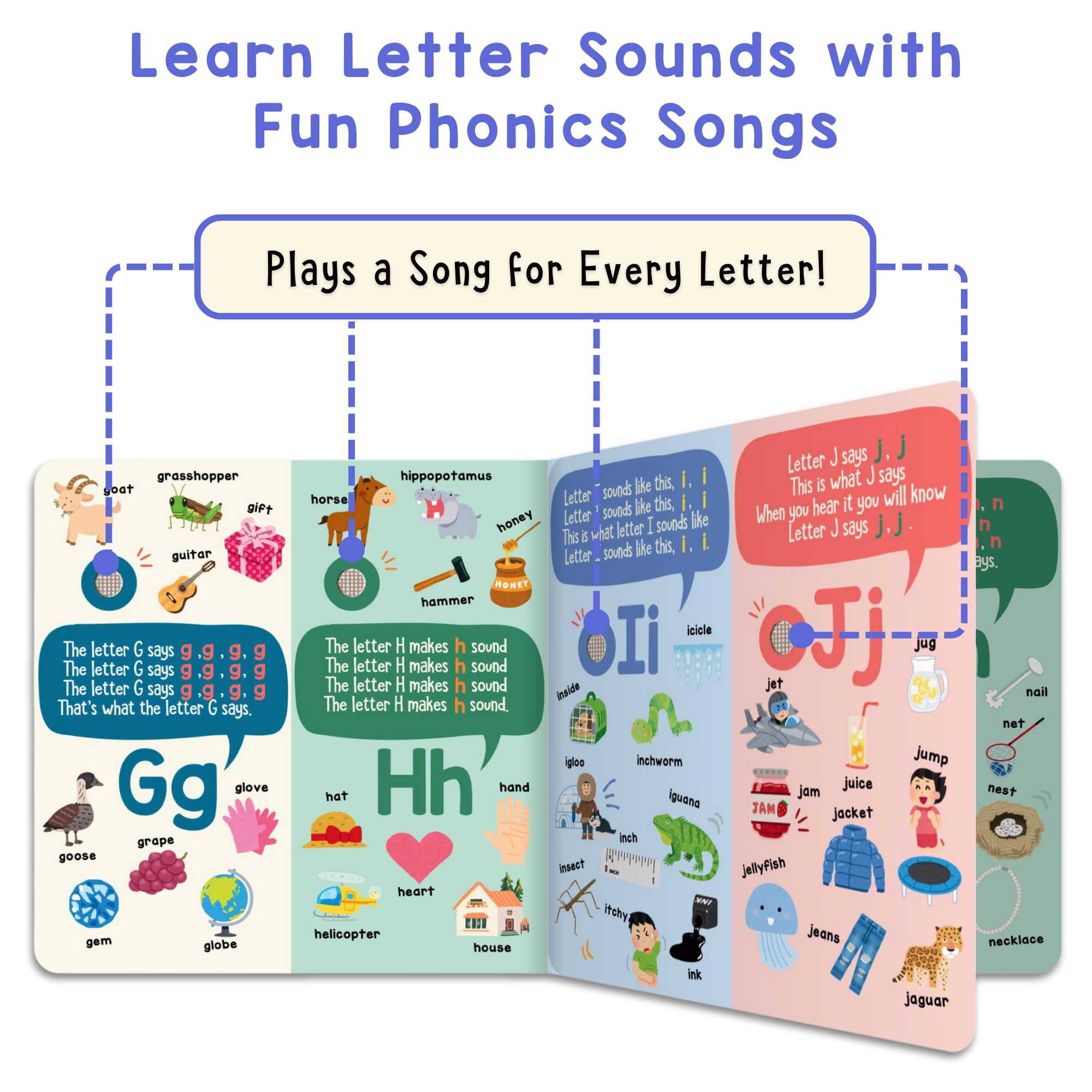 Learning Bugs Phonics Songs Book pages display A–Z letters for early reading.
