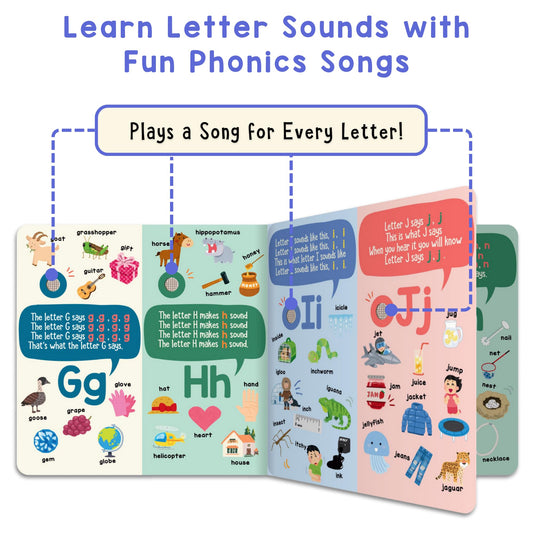 Learning Bugs Phonics Songs Book pages display A–Z letters for early reading.