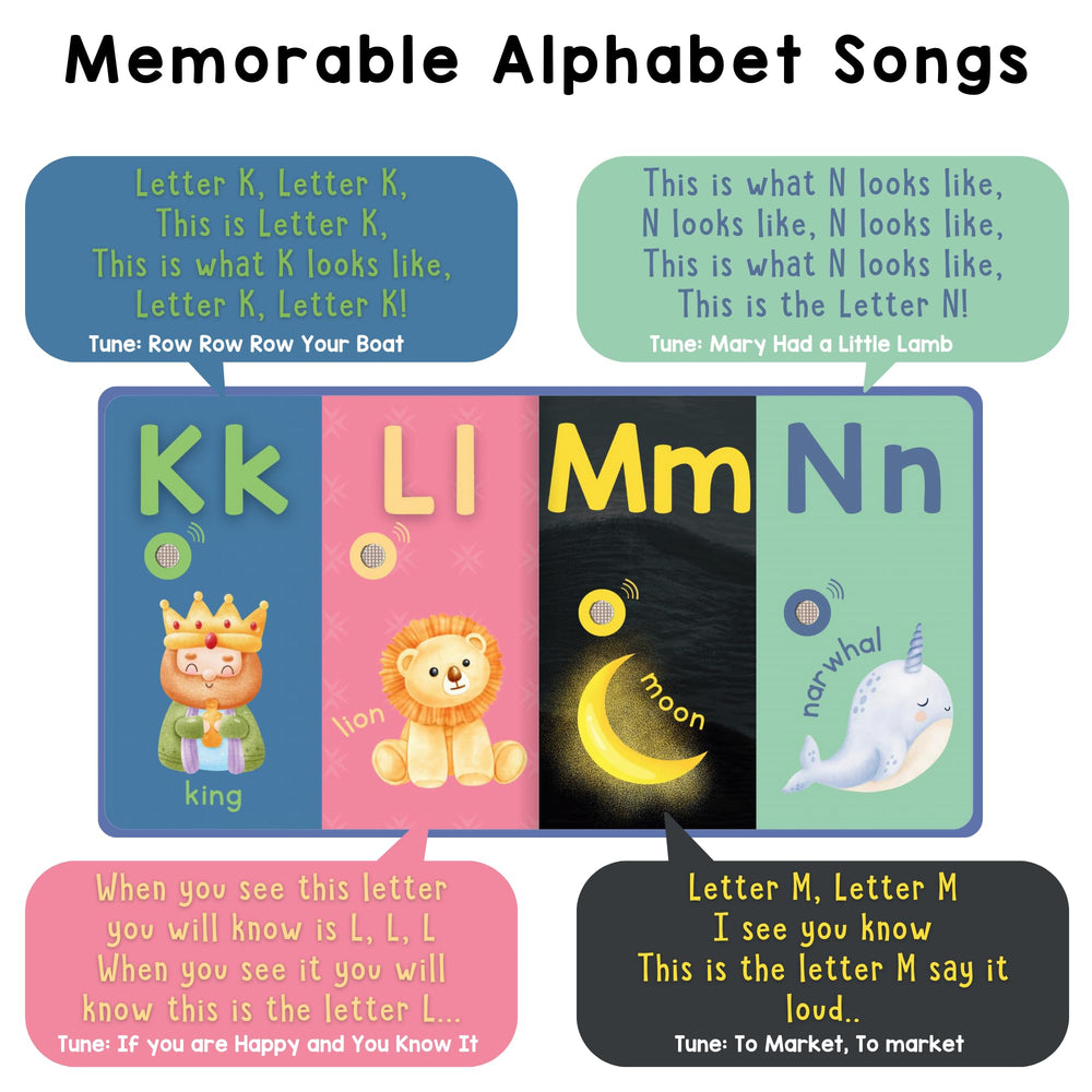 Learning Bugs toddler using the book on a table explores the ABCs independently.