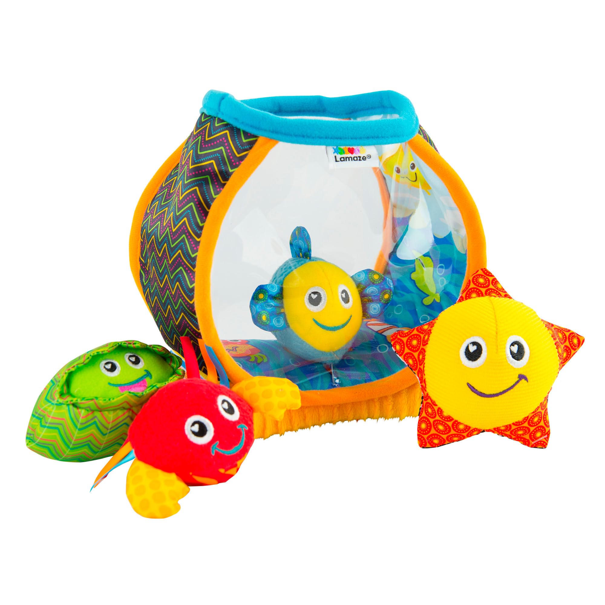Learning Curve Lamaze fish bowl crinkle crab enhances tactile exploration.