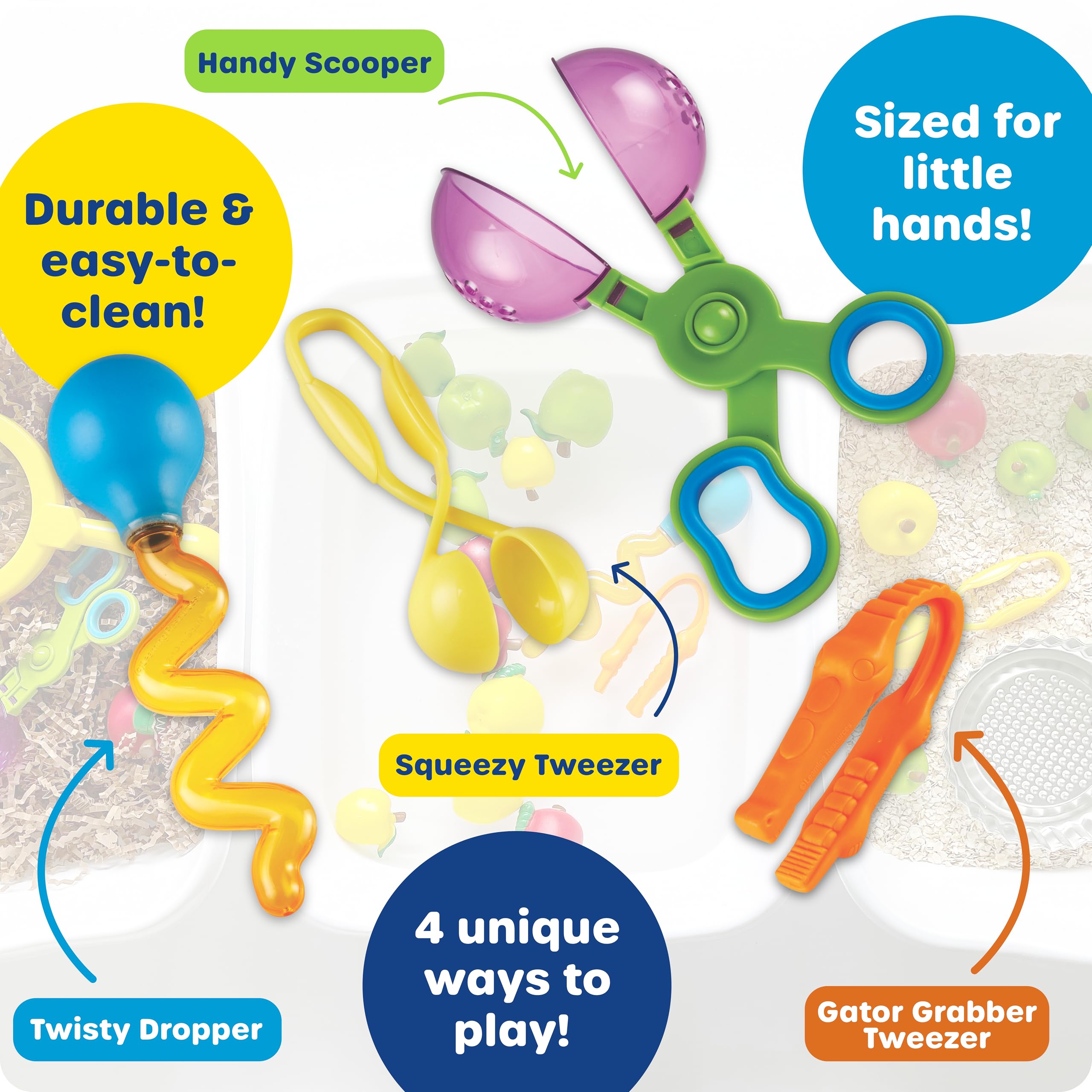 Learning Resources tools arranged in sensory bin showing versatility in play
