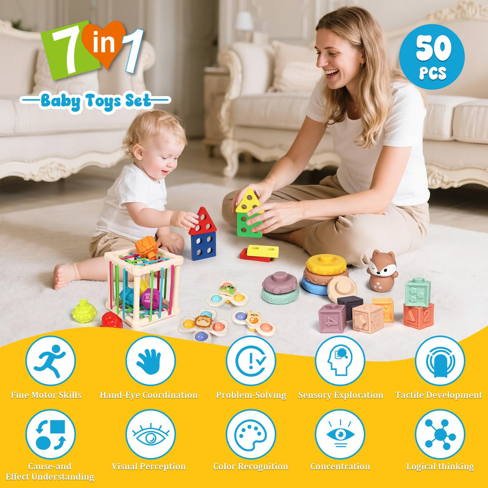 LearnToy 7-in-1 rings stack to improve hand-eye coordination and color recognition.