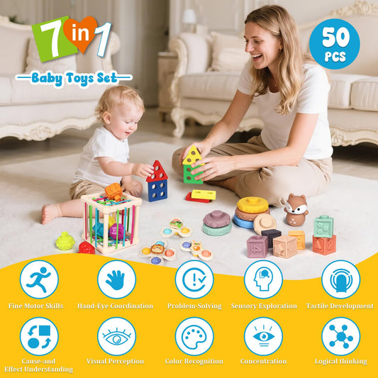 LearnToy 7-in-1 rings stack to improve hand-eye coordination and color recognition.