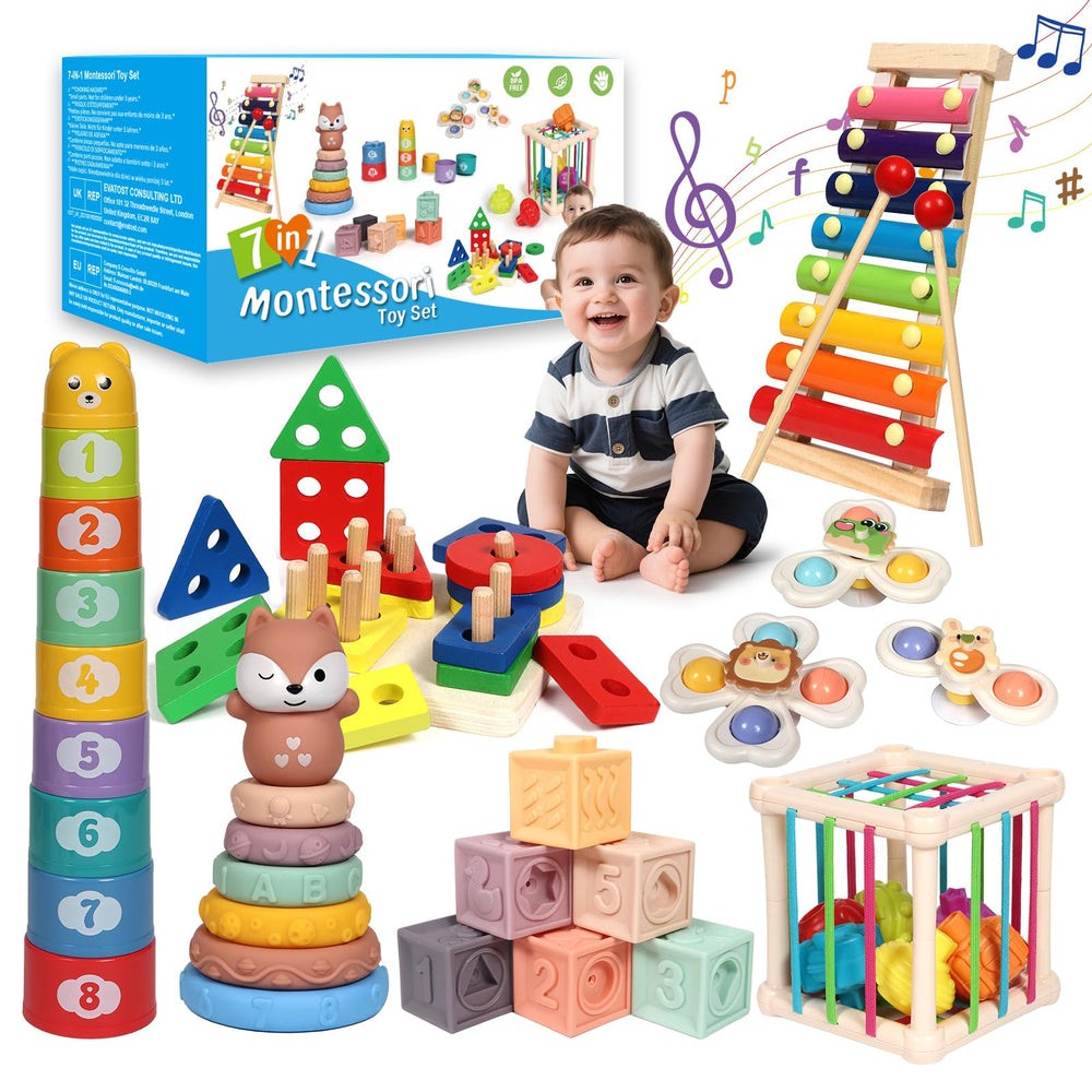 LearnToy 7-in-1 stackable blocks boost fine motor skills and spatial awareness.