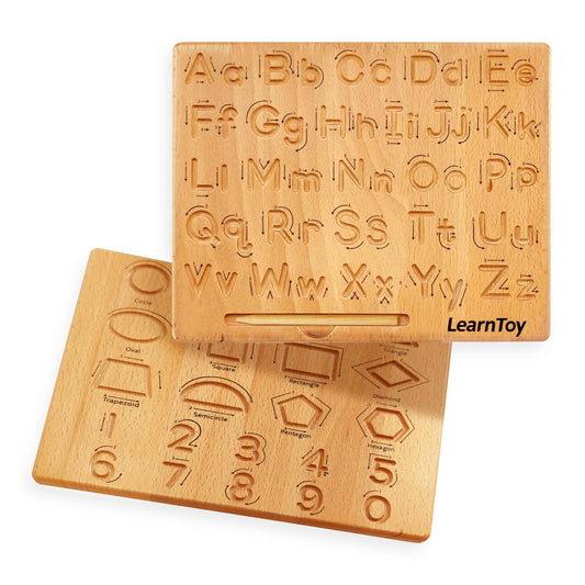LearnToy Montessori Alphabet Tracing Board front view, durable wood for kid-friendly writing