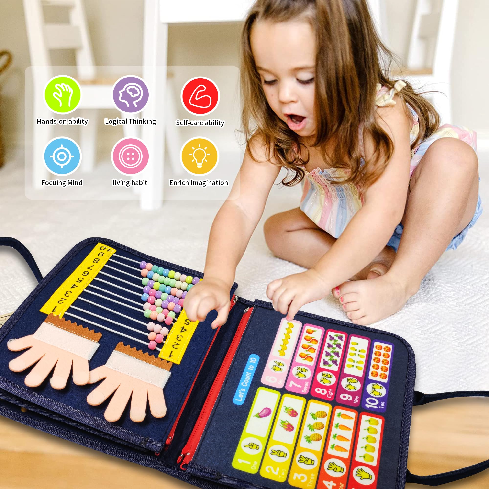 LearnToy Montessori Busy Board buttons and belts page boosts hand-eye coordination
